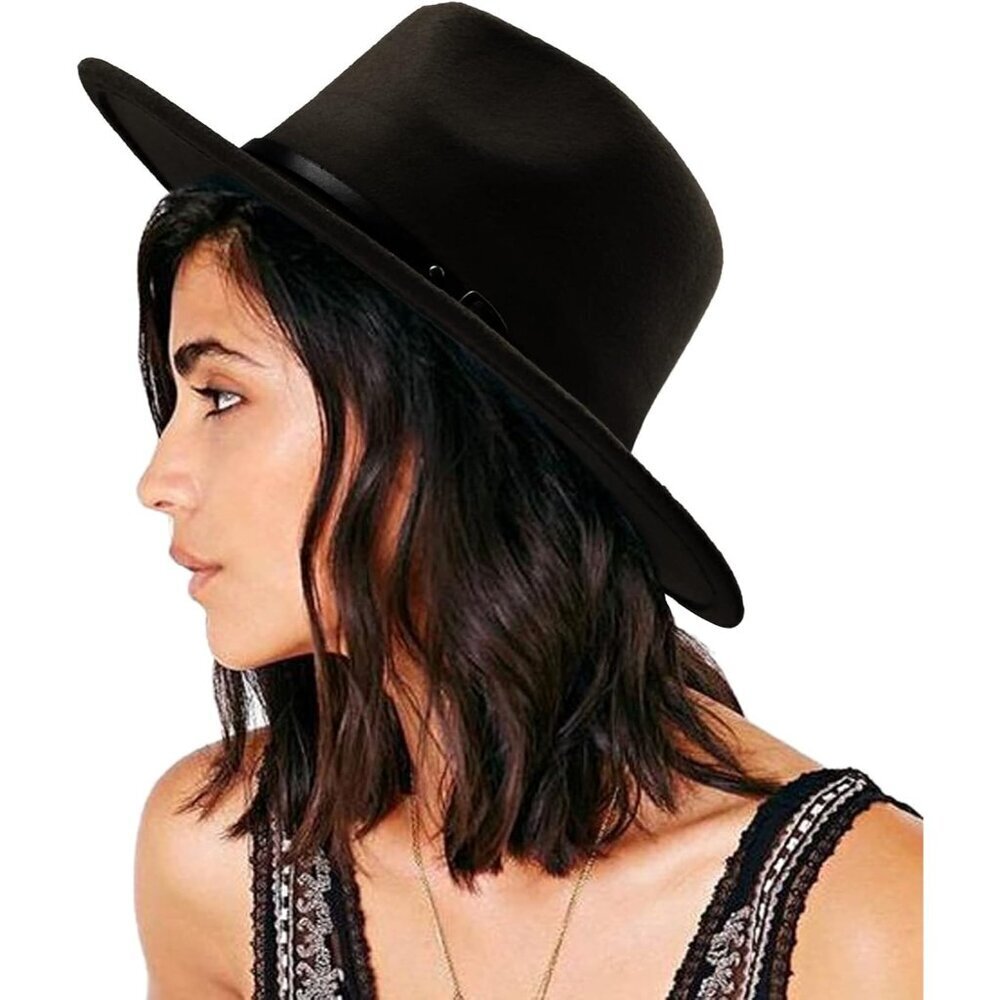 Women's Black Western With Braided Leather Band Classic Fedora Cowboy Felt Hat